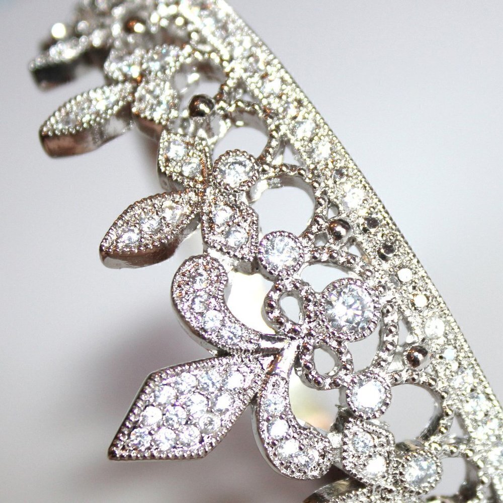 Clear Pave Cubic Zirconia Fleur-de-Lis Princess Crown Hinged Cuff Bracelet 7.5"